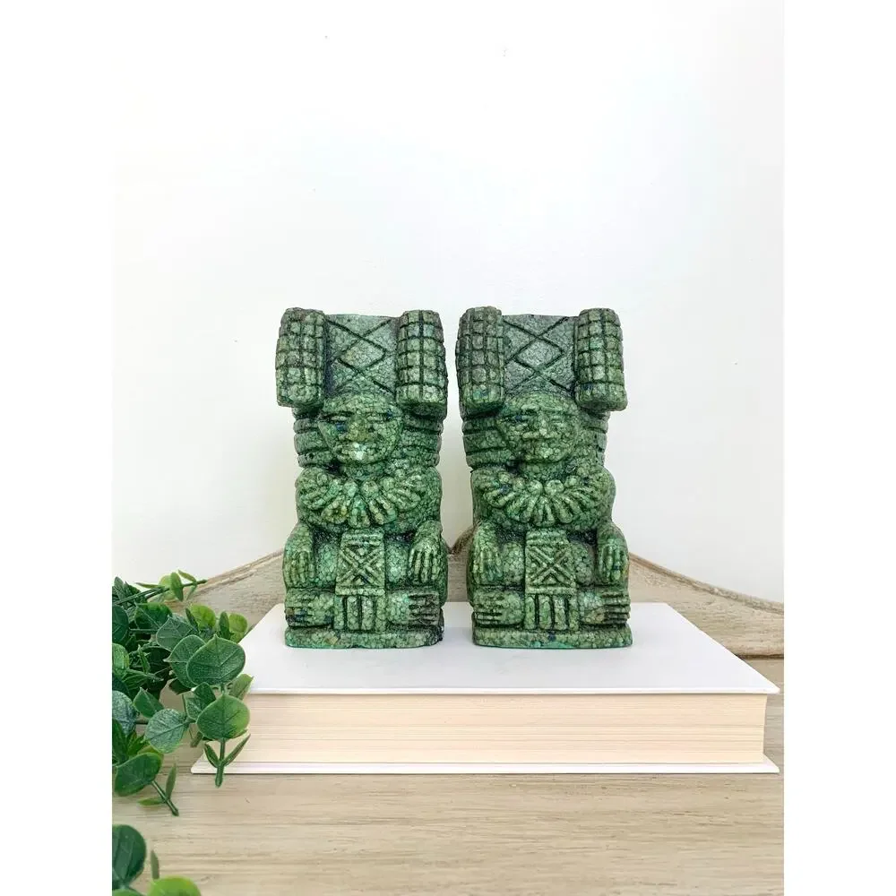 Vintage Mexican Crushed Malachite Aztec Style Figural Bookends Southwestern
